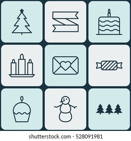 Set Of 9 Holiday Icons. Can Be Used For Web, Mobile, UI And Infographic Design. Includes Elements Such As Winter, Birthday Cake, Celebration Cake And More.