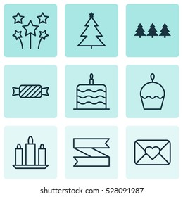 Set Of 9 Holiday Icons. Can Be Used For Web, Mobile, UI And Infographic Design. Includes Elements Such As Celebration Cake, Blank Ribbon, Sweet And More.