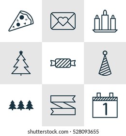 Set Of 9 Holiday Icons. Can Be Used For Web, Mobile, UI And Infographic Design. Includes Elements Such As Agenda, Sliced Pizza, Wax And More.