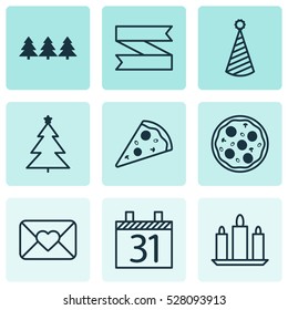 Set Of 9 Holiday Icons. Can Be Used For Web, Mobile, UI And Infographic Design. Includes Elements Such As Wax, Date, Celebration Letter And More.