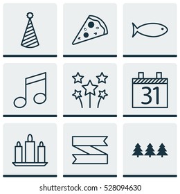 Set Of 9 Holiday Icons. Can Be Used For Web, Mobile, UI And Infographic Design. Includes Elements Such As Date, Sliced Pizza, Festive Fireworks And More.