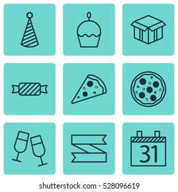 Set Of 9 Holiday Icons. Can Be Used For Web, Mobile, UI And Infographic Design. Includes Elements Such As Birthday Cake, Birthday Hat, Blank Ribbon And More.