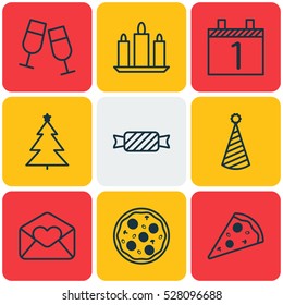 Set Of 9 Holiday Icons. Can Be Used For Web, Mobile, UI And Infographic Design. Includes Elements Such As Pizza Meal, Birthday Hat, Greeting Email And More.