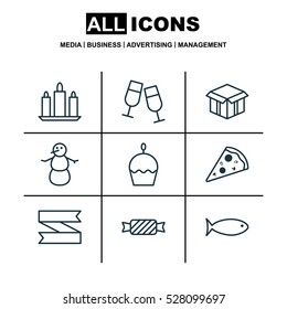 Set Of 9 Holiday Icons. Can Be Used For Web, Mobile, UI And Infographic Design. Includes Elements Such As Winter, Wax, Birthday Cake And More.