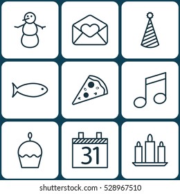 Set Of 9 Holiday Icons. Can Be Used For Web, Mobile, UI And Infographic Design. Includes Elements Such As Birthday Hat, Fishing, Greeting Email And More.