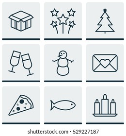 Set Of 9 Holiday Icons. Can Be Used For Web, Mobile, UI And Infographic Design. Includes Elements Such As Open Cardboard, Decorated Tree, Fishing And More.