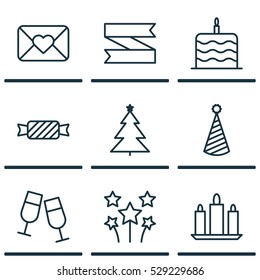 Set Of 9 Holiday Icons. Can Be Used For Web, Mobile, UI And Infographic Design. Includes Elements Such As Wax, Blank Ribbon, Celebration Cake And More.