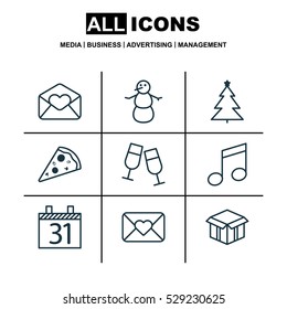 Set Of 9 Holiday Icons. Can Be Used For Web, Mobile, UI And Infographic Design. Includes Elements Such As Sliced Pizza, Decorated Tree, Greeting Email And More.