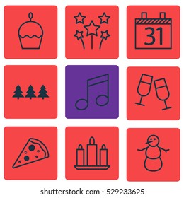 Set Of 9 Holiday Icons. Can Be Used For Web, Mobile, UI And Infographic Design. Includes Elements Such As Date, Sliced Pizza, Winter And More.