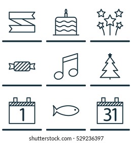 Set Of 9 Holiday Icons. Can Be Used For Web, Mobile, UI And Infographic Design. Includes Elements Such As Celebration Cake, Decorated Tree, Sweet And More.