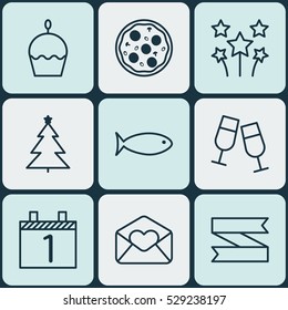 Set Of 9 Holiday Icons. Can Be Used For Web, Mobile, UI And Infographic Design. Includes Elements Such As Greeting Email, Champagne Glasses, Decorated Tree And More.