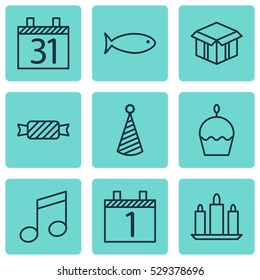 Set Of 9 Holiday Icons. Can Be Used For Web, Mobile, UI And Infographic Design. Includes Elements Such As Birthday Cake, Sweet, Date And More.