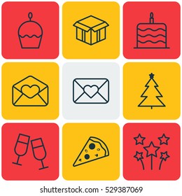 Set Of 9 Holiday Icons. Can Be Used For Web, Mobile, UI And Infographic Design. Includes Elements Such As Festive Fireworks, Sliced Pizza, Greeting Email And More.