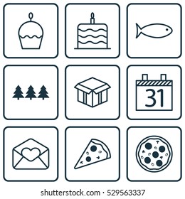 Set Of 9 Holiday Icons. Can Be Used For Web, Mobile, UI And Infographic Design. Includes Elements Such As Celebration Cake, Greeting Email, Holiday Ornament And More.