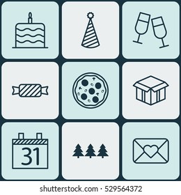 Set Of 9 Holiday Icons. Can Be Used For Web, Mobile, UI And Infographic Design. Includes Elements Such As Birthday Hat, Date, Pizza Meal And More.