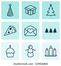 Set Of 9 Holiday Icons. Can Be Used For Web, Mobile, UI And Infographic Design. Includes Elements Such As Sliced Pizza, Greeting Email, Winter And More.