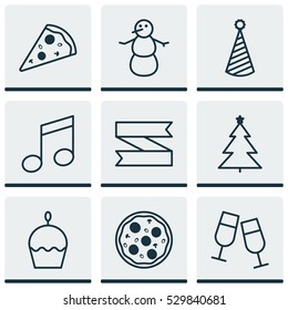 Set Of 9 Holiday Icons. Can Be Used For Web, Mobile, UI And Infographic Design. Includes Elements Such As Crotchets, Birthday Cake, Sliced Pizza And More.