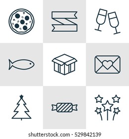 Set Of 9 Holiday Icons. Can Be Used For Web, Mobile, UI And Infographic Design. Includes Elements Such As Sweet, Celebration Letter, Fishing And More.