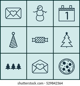 Set Of 9 Holiday Icons. Can Be Used For Web, Mobile, UI And Infographic Design. Includes Elements Such As Decorated Tree, Agenda, Birthday Hat And More.
