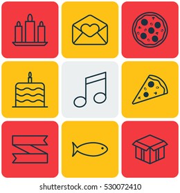 Set Of 9 Holiday Icons. Can Be Used For Web, Mobile, UI And Infographic Design. Includes Elements Such As Pizza Meal, Greeting Email, Blank Ribbon And More.