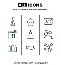 Set Of 9 Holiday Icons. Can Be Used For Web, Mobile, UI And Infographic Design. Includes Elements Such As Date, Birthday Hat, Wax And More.