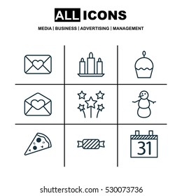 Set Of 9 Holiday Icons. Can Be Used For Web, Mobile, UI And Infographic Design. Includes Elements Such As Birthday Cake, Greeting Email, Wax And More.