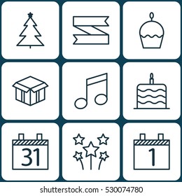 Set Of 9 Holiday Icons. Can Be Used For Web, Mobile, UI And Infographic Design. Includes Elements Such As Crotchets, Birthday Cake, Agenda And More.