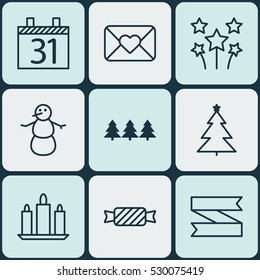 Set Of 9 Holiday Icons. Can Be Used For Web, Mobile, UI And Infographic Design. Includes Elements Such As Winter, Sweet, Date And More.