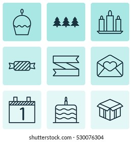 Set Of 9 Holiday Icons. Can Be Used For Web, Mobile, UI And Infographic Design. Includes Elements Such As Agenda, Holiday Ornament, Sweet And More.