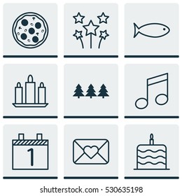 Set Of 9 Holiday Icons. Can Be Used For Web, Mobile, UI And Infographic Design. Includes Elements Such As Crotchets, Festive Fireworks, Celebration Letter And More.