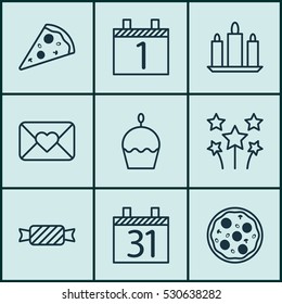 Set Of 9 Holiday Icons. Can Be Used For Web, Mobile, UI And Infographic Design. Includes Elements Such As Pizza Meal, Festive Fireworks, Agenda And More.