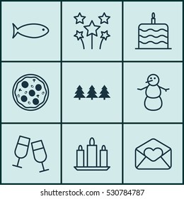 Set Of 9 Holiday Icons. Can Be Used For Web, Mobile, UI And Infographic Design. Includes Elements Such As Pizza Meal, Champagne Glasses, Fishing And More.