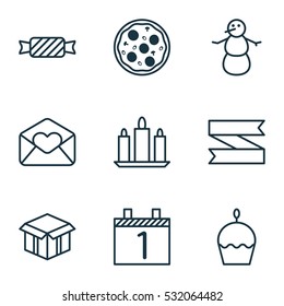Set Of 9 Holiday Icons. Can Be Used For Web, Mobile, UI And Infographic Design. Includes Elements Such As Pizza Meal, Birthday Cake, Greeting Email And More.