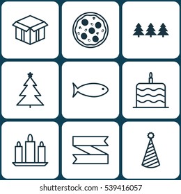 Set Of 9 Holiday Icons. Includes Blank Ribbon, Fishing, Pizza Meal And Other Symbols. Beautiful Design Elements.