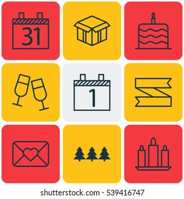 Set Of 9 Holiday Icons. Includes Blank Ribbon, Holiday Ornament, Celebration Cake And Other Symbols. Beautiful Design Elements.