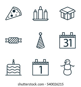 Set Of 9 Holiday Icons. Includes Birthday Hat, Agenda, Date And Other Symbols. Beautiful Design Elements.