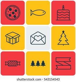 Set Of 9 Holiday Icons. Includes Blank Ribbon, Decorated Tree, Holiday Ornament And Other Symbols. Beautiful Design Elements.