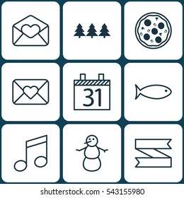 Set Of 9 Holiday Icons. Includes Blank Ribbon, Pizza Meal, Date And Other Symbols. Beautiful Design Elements.