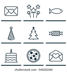 Set Of 9 Holiday Icons. Includes Pizza Meal, Celebration Letter, Greeting Email And Other Symbols. Beautiful Design Elements.