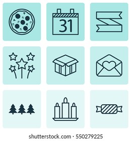 Set Of 9 Holiday Icons. Includes Festive Fireworks, Sweet, Blank Ribbon And Other Symbols. Beautiful Design Elements.