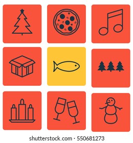 Set Of 9 Holiday Icons. Includes Champagne Glasses, Winter, Holiday Ornament And Other Symbols. Beautiful Design Elements.
