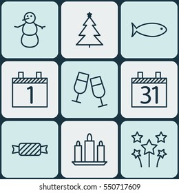 Set Of 9 Holiday Icons. Includes Sweet, Date, Agenda And Other Symbols. Beautiful Design Elements.