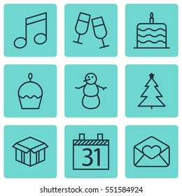 Set Of 9 Holiday Icons. Includes Winter, Celebration Cake, Birthday Cake And Other Symbols. Beautiful Design Elements.