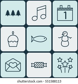 Set Of 9 Holiday Icons. Includes Greeting Email, Festive Fireworks, Agenda And Other Symbols. Beautiful Design Elements.