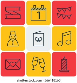 Set Of 9 Holiday Icons. Includes Fire Wax, Crotchets, Celebration Card And Other Symbols. Beautiful Design Elements.