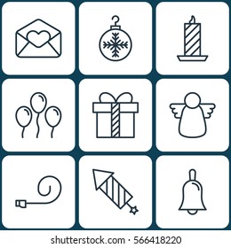Set Of 9 Holiday Icons. Includes Celebrate Whistle, Tree Toy, Greeting Email And Other Symbols. Beautiful Design Elements.