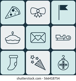 Set Of 9 Holiday Icons. Includes Sled, Tree Toy, Firecracker And Other Symbols. Beautiful Design Elements.