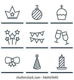 Set Of 9 Holiday Icons. Includes Festive Fireworks, Corona, Butterfly Knot And Other Symbols. Beautiful Design Elements.