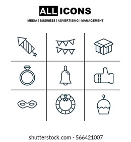 Set Of 9 Holiday Icons. Includes Wedding Jewel, Carnival Face, Decorative Flags And Other Symbols. Beautiful Design Elements.