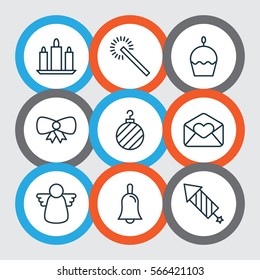 Set Of 9 Holiday Icons. Includes Christmas Ball, Handbell, Archangel Symbols. Beautiful Design Elements.
